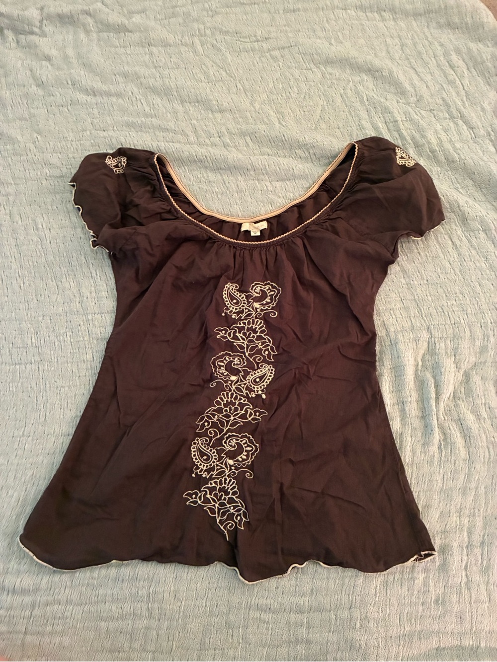 Energie Black Short Sleeve Scoop Neck Top with Cream Embroidery